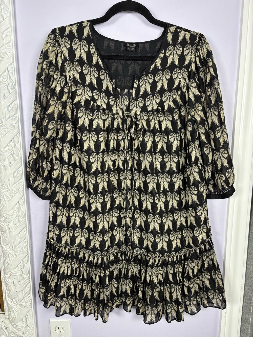 Faith Connexion Angel Wings Puff Sleeve Goth Fairycore Cotton Silk Tunic Dress M
